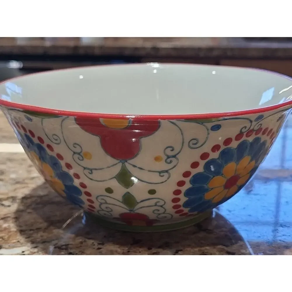 Pier 1 Floral Ceramic Bowls with Red and Blue Accents (Set Of 2)